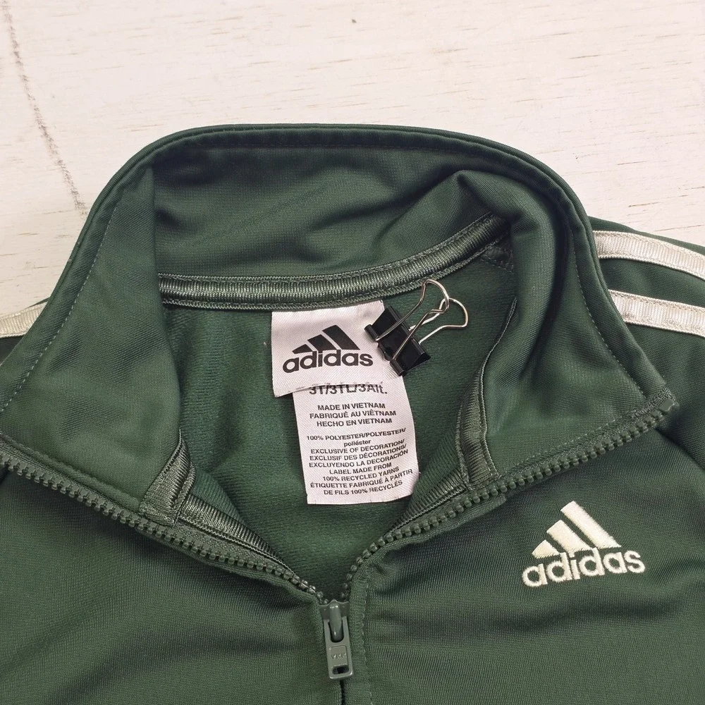 Adidas Forest‎ Green 3 Stripe Cream Zip-Up Track Jacket Toddlers Kids Sz 3T EUC